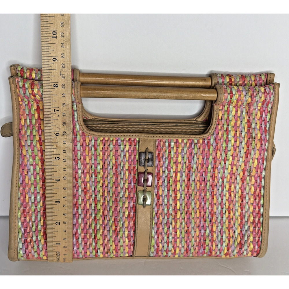 Vintage EGO Woven Straw Handbag Wood Handle Multicolor Resort Summer Chic Y2K - Picture 12 of 13